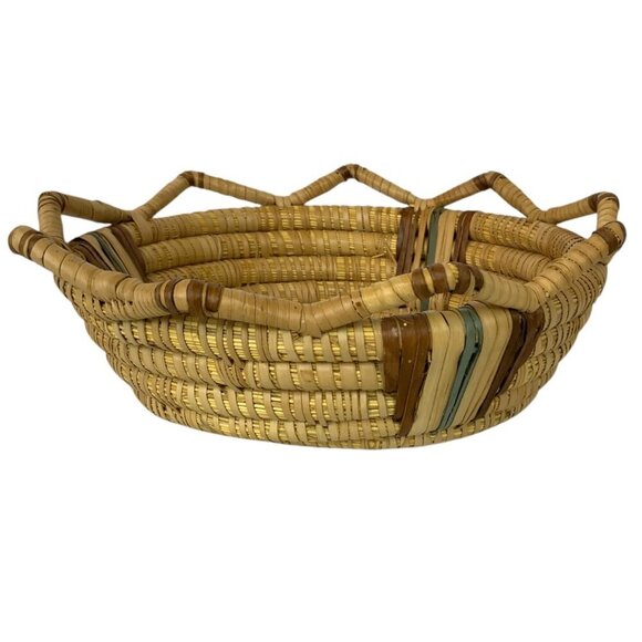 Handwoven Natural Coiled Straw Basket With Decorative Multicolor Stripes Accents - Picture 3 of 7